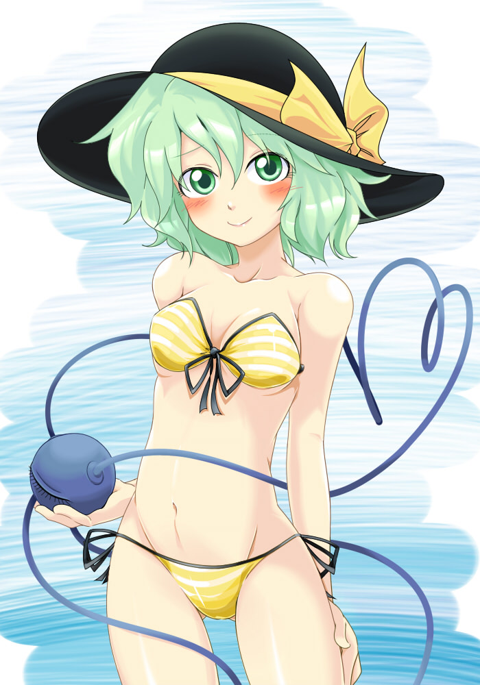 1girl, arms_behind_back, bandeau, bare_shoulders, bikini, blush, eyeball, female_focus, front-tie_top, green_eyes, green_hair, hat, komeiji_koishi, lowleg, lowleg_bikini, matching_hair/eyes, monopollyan, navel, shiny_skin, short_hair, side-tie_bikini_bottom, smile, solo, strapless, strapless_bikini, swimsuit, third_eye, touhou, yellow_bikini