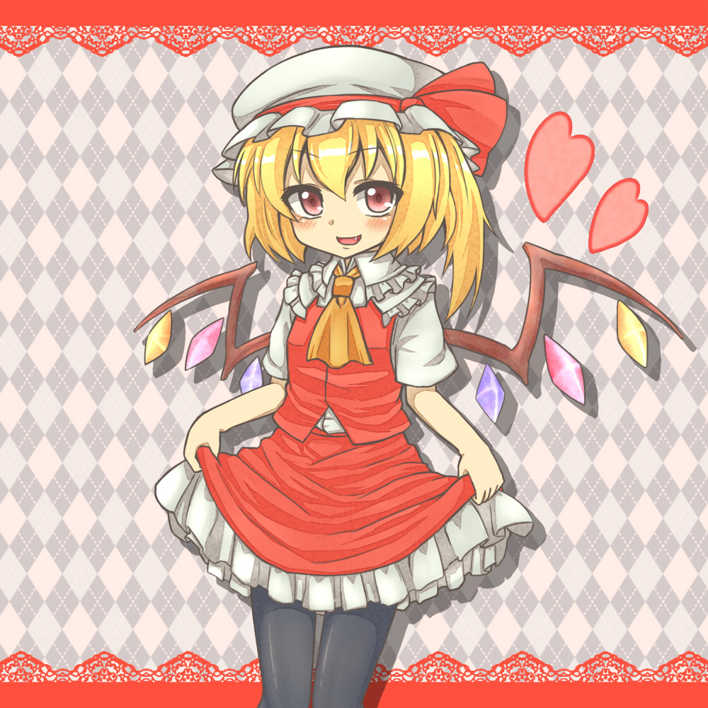 1girl, argyle_background, argyle_clothes, ascot, black_pantyhose, blonde_hair, blush, bow, curtsey, fang, female_focus, flandre_scarlet, hat, hat_bow, hat_ribbon, heart, holding_own_skirt, jd_(112731258), jd_(bibirijd), letterboxed, open_mouth, pantyhose, red_eyes, ribbon, short_hair, side_ponytail, skirt, skirt_set, smile, solo, touhou, wings