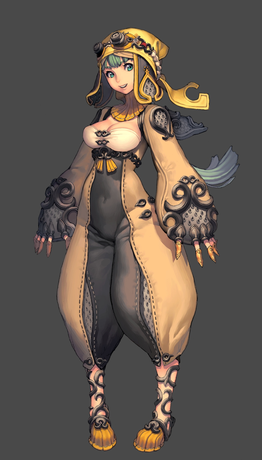 10s, 1girl, absurdres, aqua_eyes, aqua_hair, blade_&amp;_soul, breasts, cleavage, female_focus, fingerless_gloves, full_body, gloves, goggles, goggles_on_head, green_eyes, green_hair, grey_background, hat, helmet, highres, jumpsuit, kim_hyung_tae, matching_hair/eyes, official_art, open_mouth, pants, parachute_pants, shoes, simple_background, solo, standing, yellow_shoes