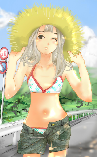 1girl, bikini, blue_sky, day, female_focus, flat_chest, guard_rail, hat, imaiko, long_hair, navel, one_eye_closed, original, road, road_sign, shorts, sign, silver_hair, sky, solo, straw_hat, sun_hat, swimsuit, unbuttoned, wink
