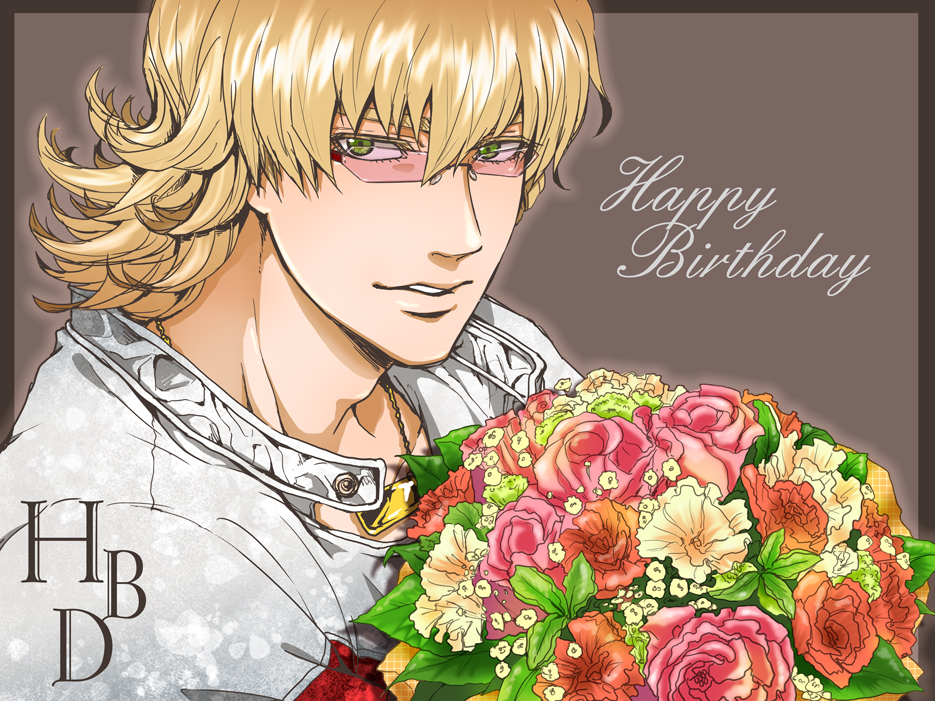 10s, 1boy, barnaby_brooks_jr., birthday, blonde_hair, bouquet, flower, glasses