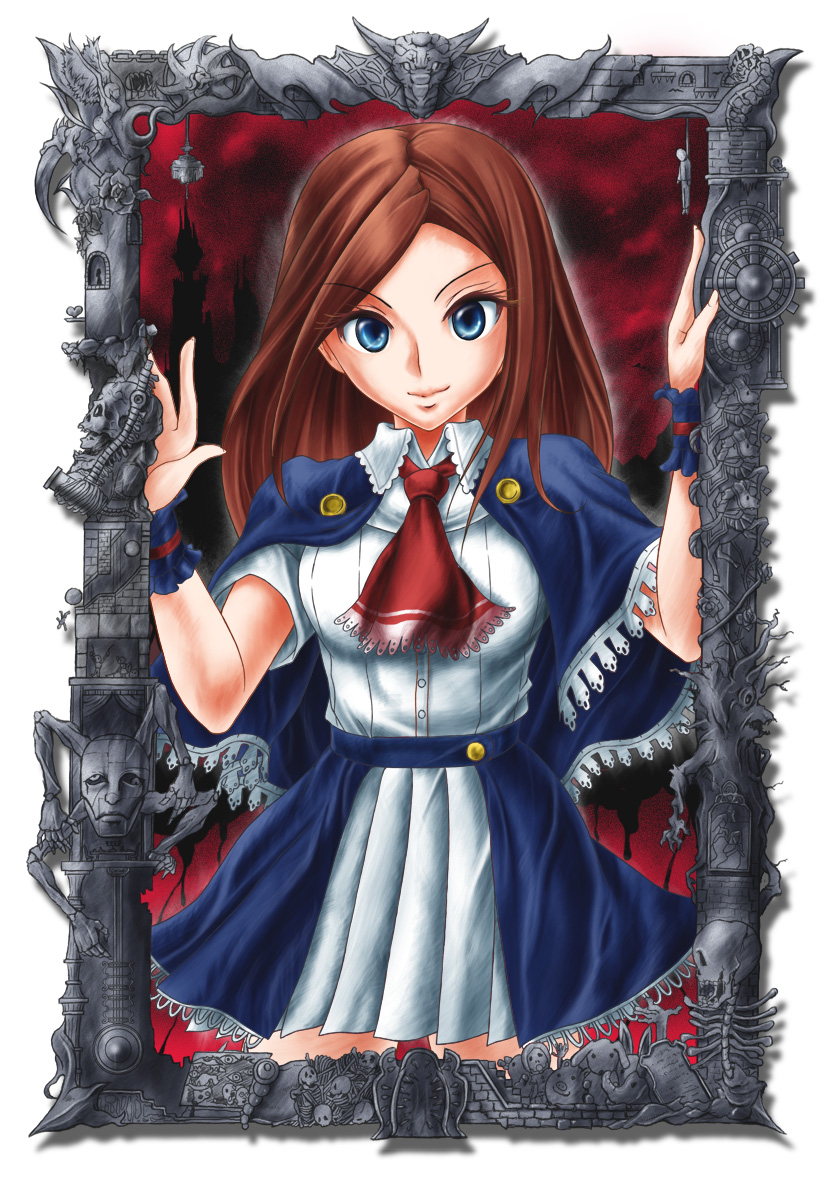 1girl, ascot, blue_eyes, blush, breasts, brown_hair, capelet, castle