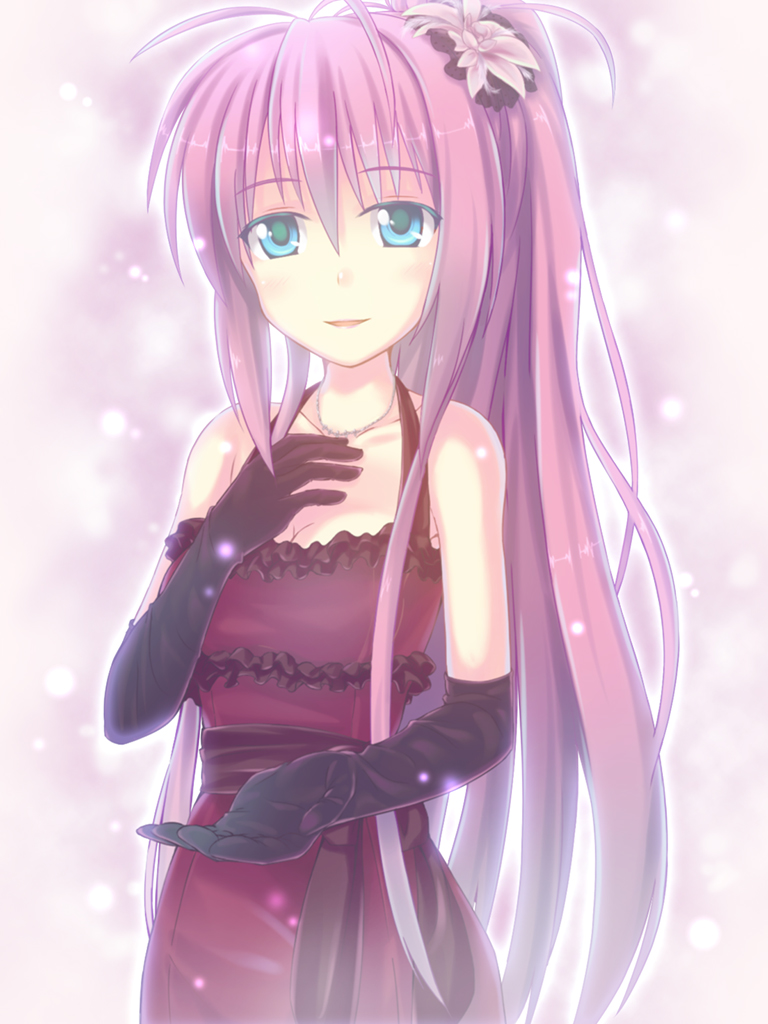 10s, 1girl, aqua_eyes, bare_shoulders, breasts, cleavage, dress, elbow_gloves