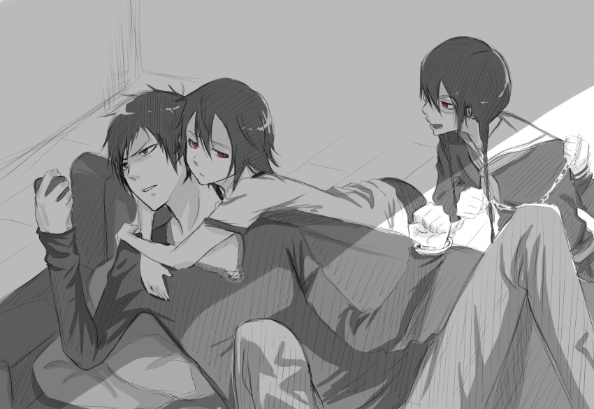 1boy, 2girls, brother_and_sister, buruma, chain, cuffs, durarara!!, fuutarou_(pikeish)