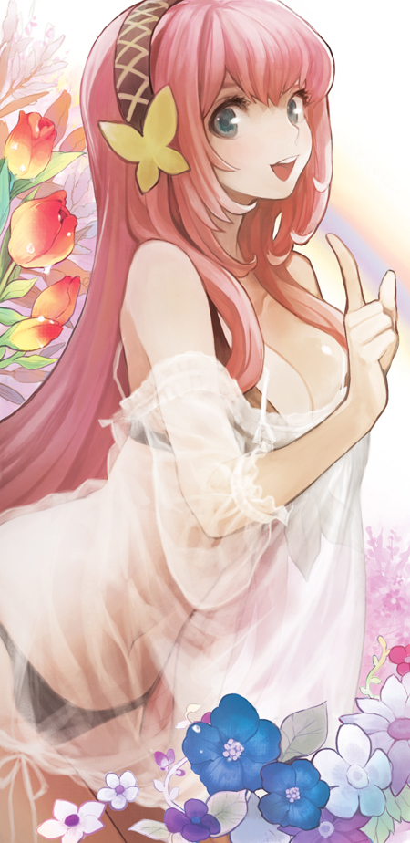 1girl, :d, bad_id, bad_pixiv_id, blue_eyes, bra, breasts, cleavage, cocorip, female_focus, flower, lingerie, littlevein89, medium_breasts, megurine_luka, navel, nightgown, open_mouth, panties, pink_hair, see-through_clothes, smile, solo, underwear, vocaloid