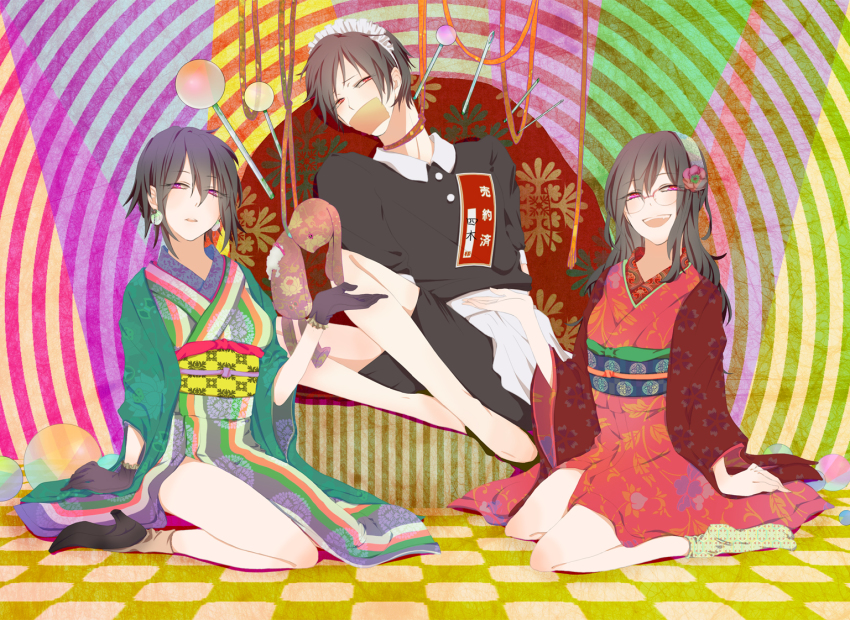 1boy, 2girls, bad_id, bad_pixiv_id, black_hair, brother_and_sister, checkered_floor, concentric_circles