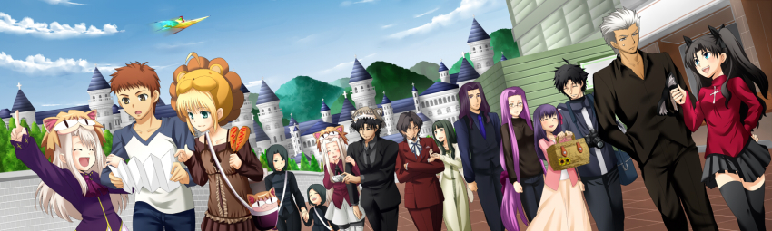 age_difference, archer_(fate), artoria_pendragon_(fate), berserker_(fate/zero), black_hair, black_legwear, blonde_hair, brother_and_sister, brown_hair, closed_eyes, emiya_kiritsugu, emiya_shirou, fate/hollow_ataraxia, fate/stay_night, fate/zero, fate_(series), gilgamesh_(fate), glasses, green_eyes, happy, hat, highres, hisau_maiya, holding_hands, illyasviel_von_einzbern, irisviel_von_einzbern, locked_arms, long_hair, long_image, matou_kariya, matou_kariya_(original_appearance), matou_sakura, medusa_(fate), medusa_(rider)_(fate), mother_and_child, mother_and_daughter, mother_and_son, multiple_boys, multiple_girls, neco-arc, neco-arc_chaos, open_mouth, pantyhose, parent_and_child, purple_hair, saber_(fate), saber_tiger, short_hair, siblings, silver_hair, sisters, skirt, smile, thighhighs, tohsaka_aoi, tohsaka_rin, tohsaka_tokiomi, urako, wide_image, zettai_ryouiki