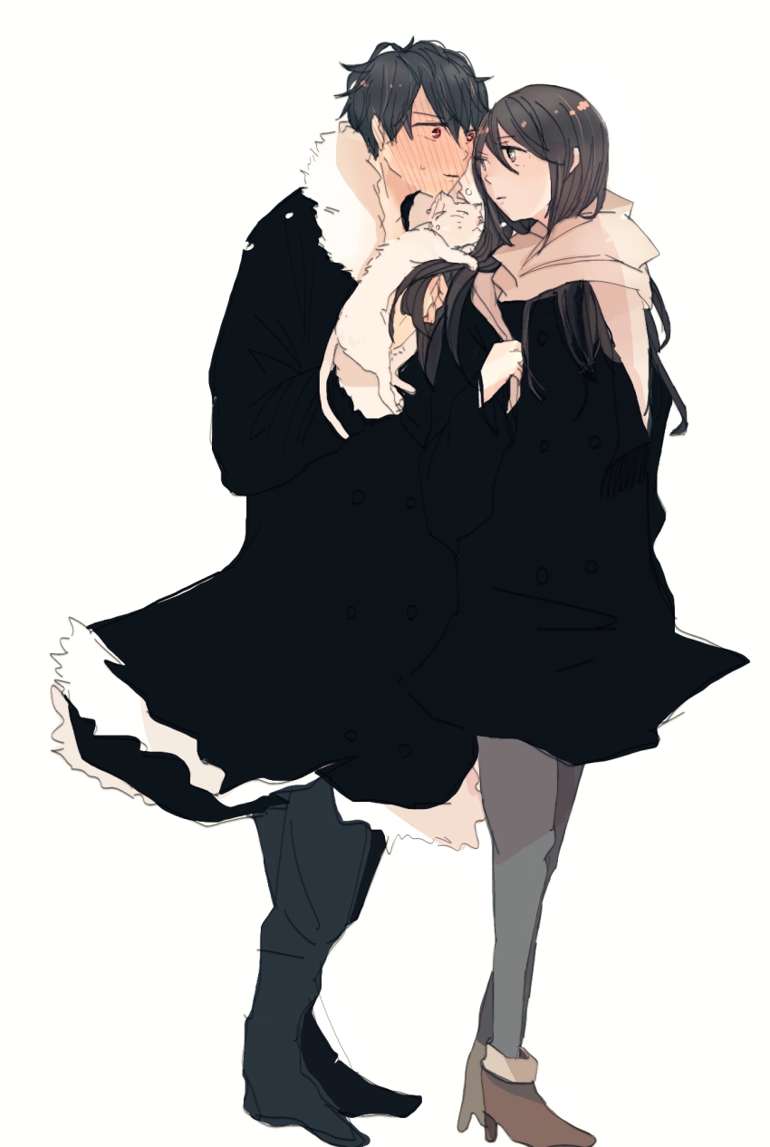 1boy, 1girl, black_hair, blush, cat, couple, durarara!!, ek_ko