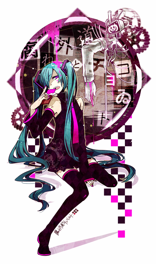 1girl, aqua_hair, boots, detached_sleeves, female_focus, hair_over_one_eye, hatsune_miku, kusare_gedou_to_chokorewito_(vocaloid)