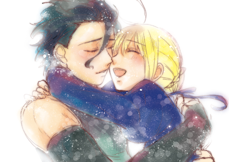 1boy, 1girl, ahoge, artoria_pendragon_(fate), black_hair, blonde_hair, closed_eyes, diarmuid_ua_duibhne_(fate)