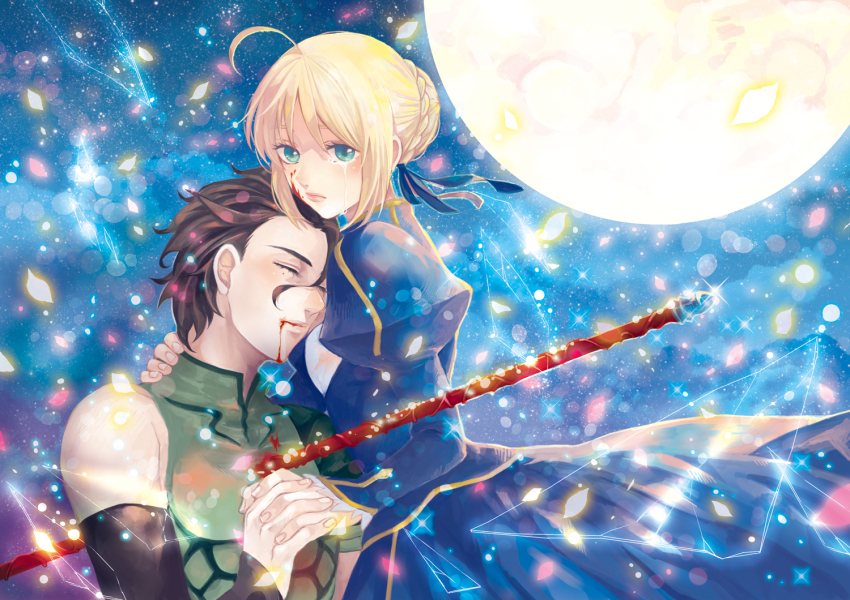 1boy, 1girl, ahoge, artoria_pendragon_(fate), black_hair, blonde_hair, diarmuid_ua_duibhne_(fate), diarmuid_ua_duibhne_(lancer)_(fate)