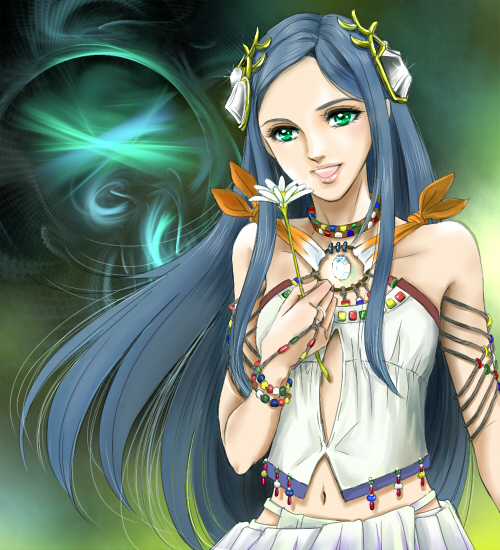 10s, 1girl, bare_shoulders, blue_hair, final_fantasy, final_fantasy_xiii, final_fantasy_xiii-2, flower