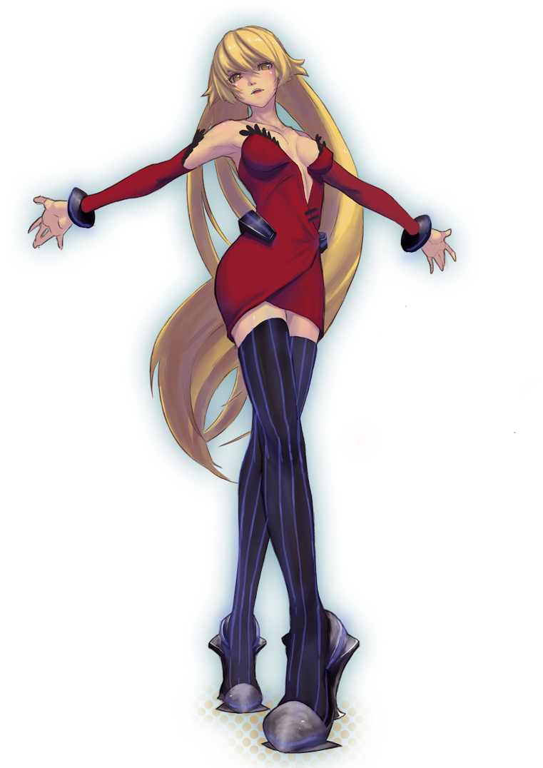 10s, 1girl, bad_id, bad_pixiv_id, bakemonogatari, bare_shoulders, blonde_hair, blush, breasts, cleavage, crossed_legs, detached_sleeves, dress, female_focus, full_body, kiss-shot_acerola-orion_heart-under-blade, kizumonogatari, kotorikoto, large_breasts, long_hair, looking_at_viewer, monogatari_(series), nin_(kotorikoto), open_mouth, oshino_shinobu, outstretched_arms, red_dress, sideboob, solo, spread_arms, standing, strapless, strapless_dress, striped_clothes, striped_thighhighs, thighhighs, vertical-striped_clothes, vertical-striped_thighhighs, very_long_hair, watson_cross, yellow_eyes, zettai_ryouiki