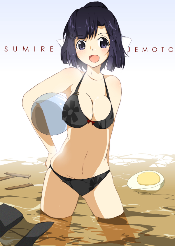 1girl, :d, ball, beachball, bikini, black_eyes, black_hair, breasts, cleavage, egg, food, kami_nomi_zo_shiru_sekai, medium_breasts, navel, noodles, nori_(seaweed), open_mouth, ramen, short_hair, smile, soaking_feet, swimsuit, trefle_r, uemoto_sumire, wading