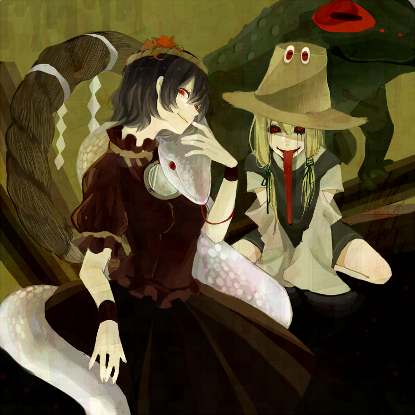 2girls, album_cover, bad_id, bad_pixiv_id, black_hair, black_sclera, blonde_hair, colored_sclera