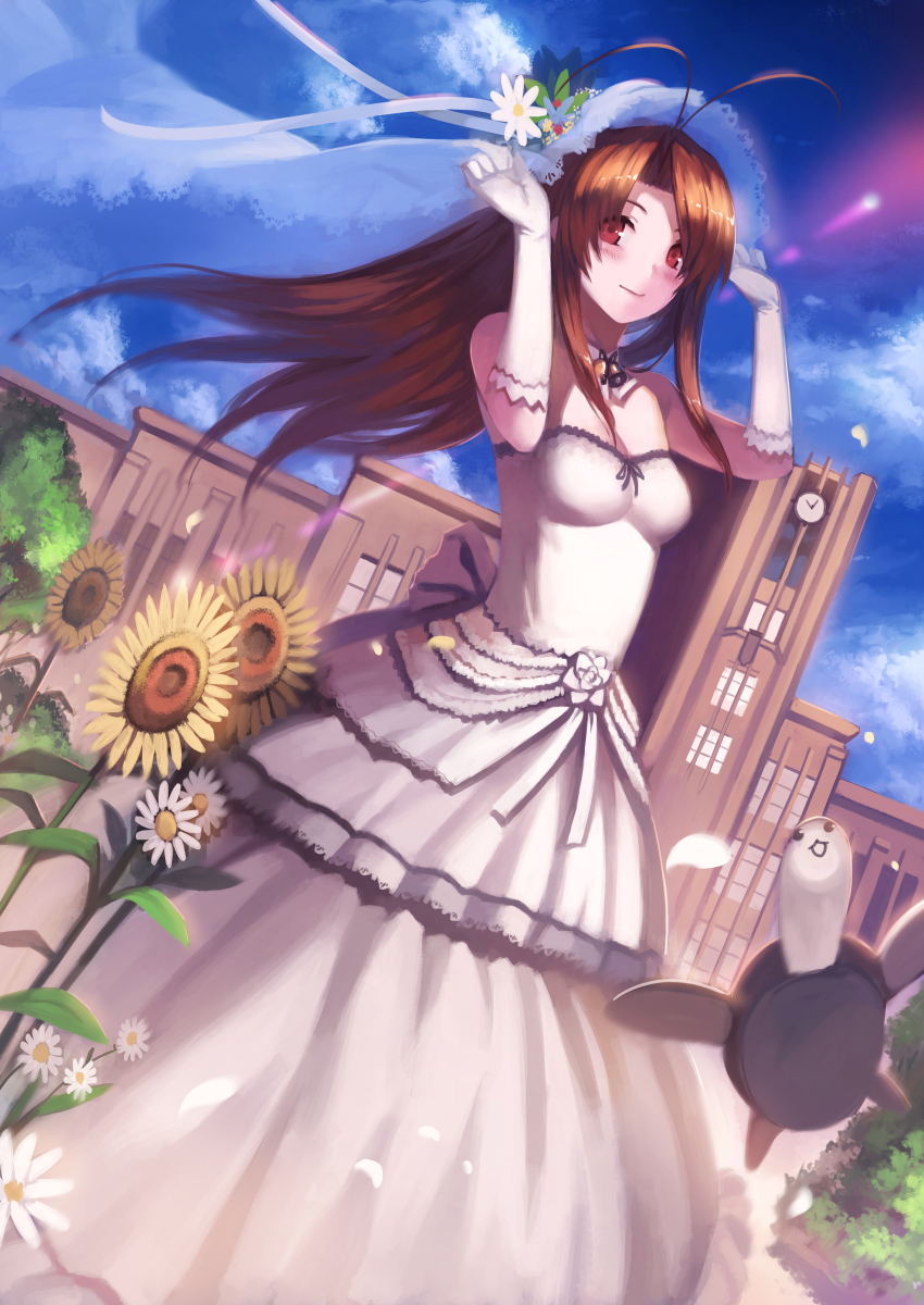 1girl, absurdres, antenna_hair, bad_id, bad_pixiv_id, bare_shoulders, blush, brown_hair, building, clock, cloud, day, dress, dutch_angle, female_focus, floating, flower, gloves, highres, lens_flare, light_brown_hair, long_hair, looking_at_viewer, love_hina, narusegawa_naru, outdoors, petals, red_eyes, sky, smile, solo, standing, strapless, strapless_dress, sunflower, tama-chan, tama_(love_hina), turtle, veil, wedding_dress, white_dress, white_gloves, yykuaixian