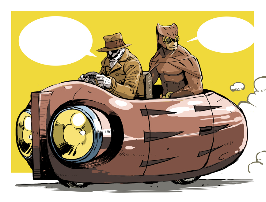 2boys, cape, car, coat, commentary_request, dc_comics, driving, fedora