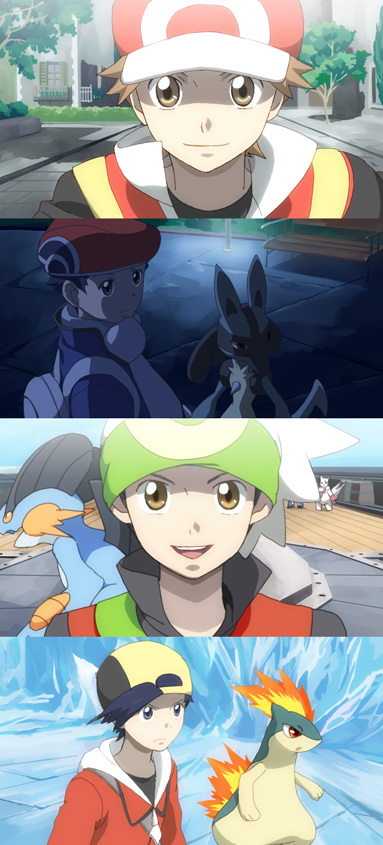 00s, 4boys, anime_screenshot, bad_id, bad_pixiv_id, bandana, baseball_cap, black_hair, brendan_(pokemon), brendan_(pokemon_emerald), brown_hair, ethan_(pokemon), gen_2_pokemon, gen_3_pokemon, gen_4_pokemon, hat, lucario, lucas_(pokemon), male_focus, multiple_boys, niimura_(csnel), nintendo, pokemon, pokemon_(creature), pokemon_diamond/pearl/platinum, pokemon_firered_and_leafgreen, pokemon_heartgold_and_soulsilver, pokemon_ruby/sapphire/emerald, quilava, red_(pokemon), red_(pokemon_frlg), swampert, winter_clothes, zangoose