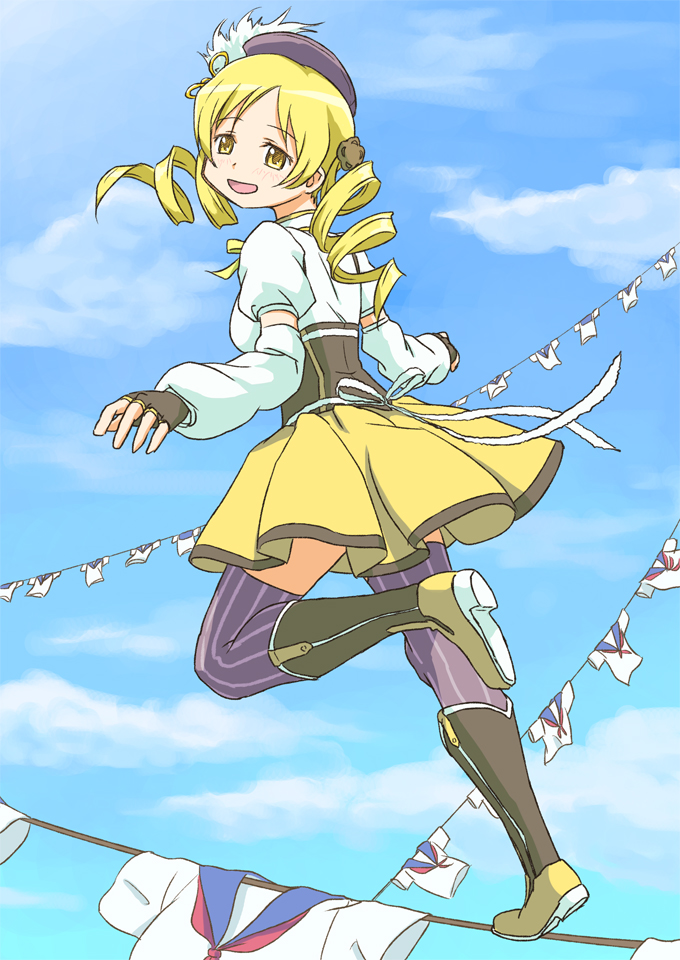 10s, 1girl, beret, blonde_hair, boots, clothesline, detached_sleeves, drill_hair, female_focus, hair_ornament, hat, magical_girl, mahou_shoujo_madoka_magica, mahou_shoujo_madoka_magica_(anime), skirt, smile, solo, taruya, thighhighs, tomoe_mami, tomoe_mami_(magical_girl), twin_drills, twintails, yellow_eyes