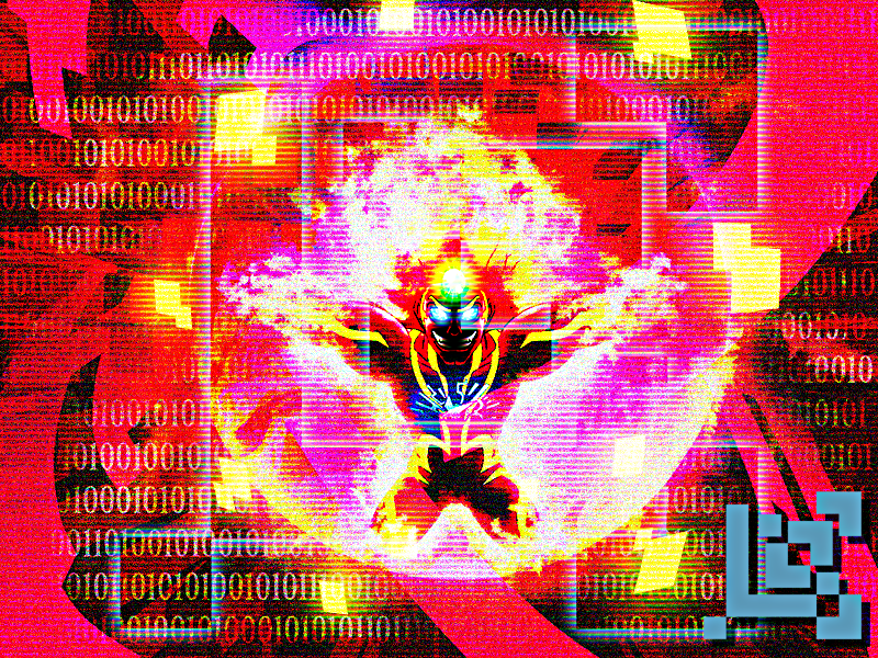 1boy, binary, blue_eyes, boss, creepy, fiery_hair, fire, grin, kid_icarus, male_focus, no_humans, nude, pyrrhon, smile, solo