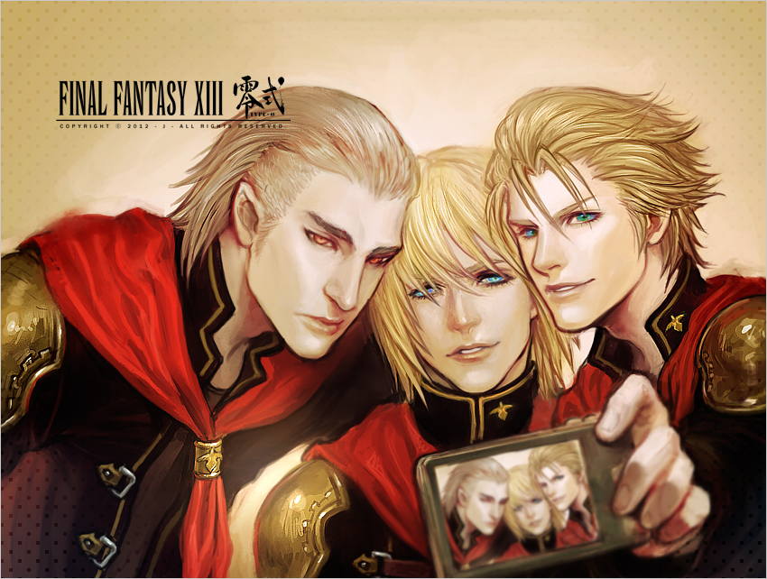 3boys, bad_id, bad_pixiv_id, blonde_hair, blue_eyes, camera, copyright_name, final_fantasy