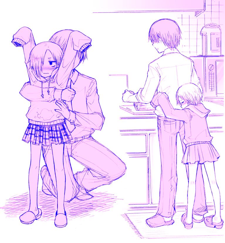 10s, 1boy, 1girl, bad_id, bad_pixiv_id, hair_over_one_eye, hetero, hood