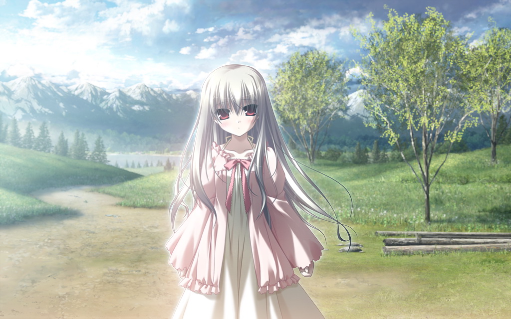 1girl, albino, chikotam, cloud, day, eden_they_were_only_two_on_the_planet, game_cg, long_hair, minori_(company), mountain, nature, red_eyes, ribbon, scenery, sion_(eden), sky, tree, white_hair