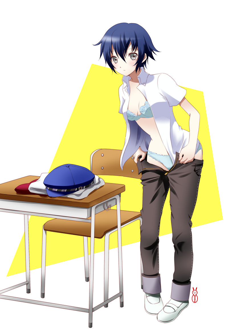 1girl, atlus, bad_id, bad_pixiv_id, black_eyes, blue_hair, blush, bra