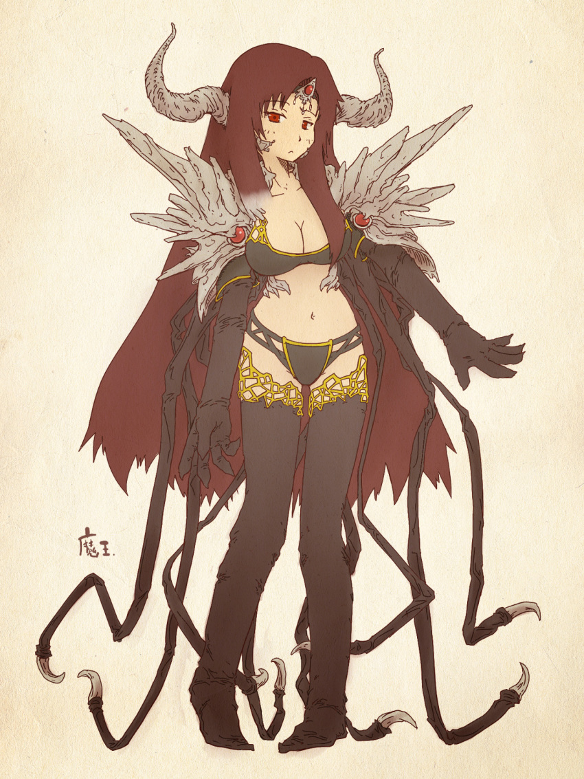 10s, 1girl, bad_id, bad_pixiv_id, bikini, breasts, cleavage, demon, female_focus, gloves, highres, horns, long_hair, maou_(maoyuu), maoyuu_maou_yuusha, nanatsumu_launch, original, ornament, red_eyes, red_hair, simple_background, solo, swimsuit, very_long_hair