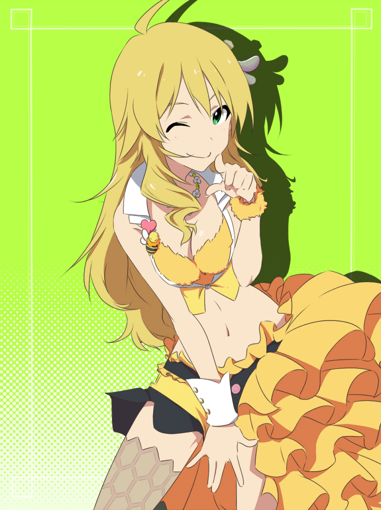 1girl, ahoge, blonde_hair, breasts, cleavage, female_focus, green_eyes, hoshii_miki