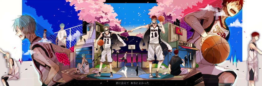 2boys, ball, bandages, basketball, basketball_(object), basketball_court, blue_eyes, blue_hair