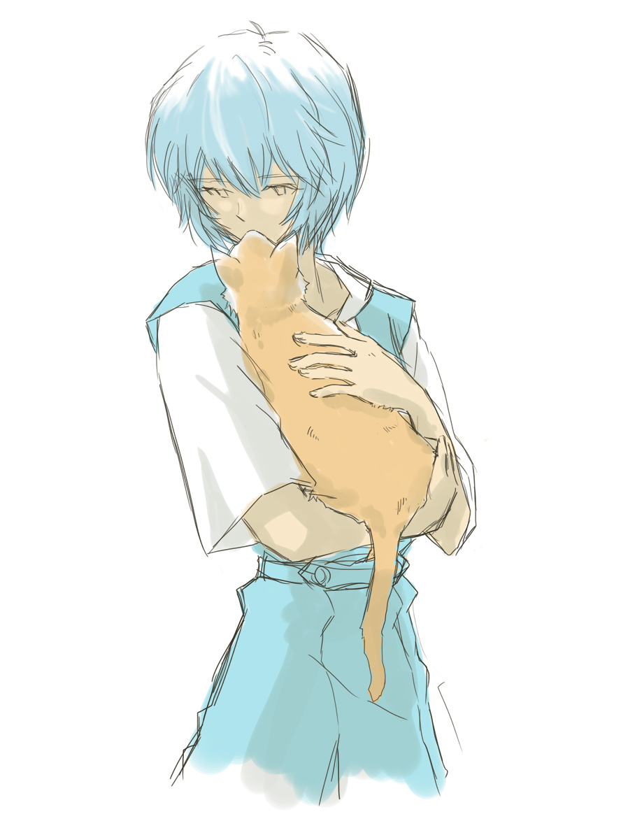 1girl, ayanami_rei, bad_id, bad_pixiv_id, blue_hair, cat, neon_genesis_evangelion, school_uniform, short_hair, yohchi
