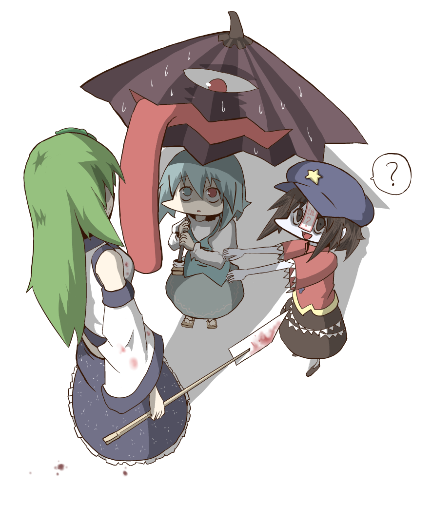 3girls, ?, blood, blue_eyes, blue_hair, brown_hair, detached_sleeves, dress