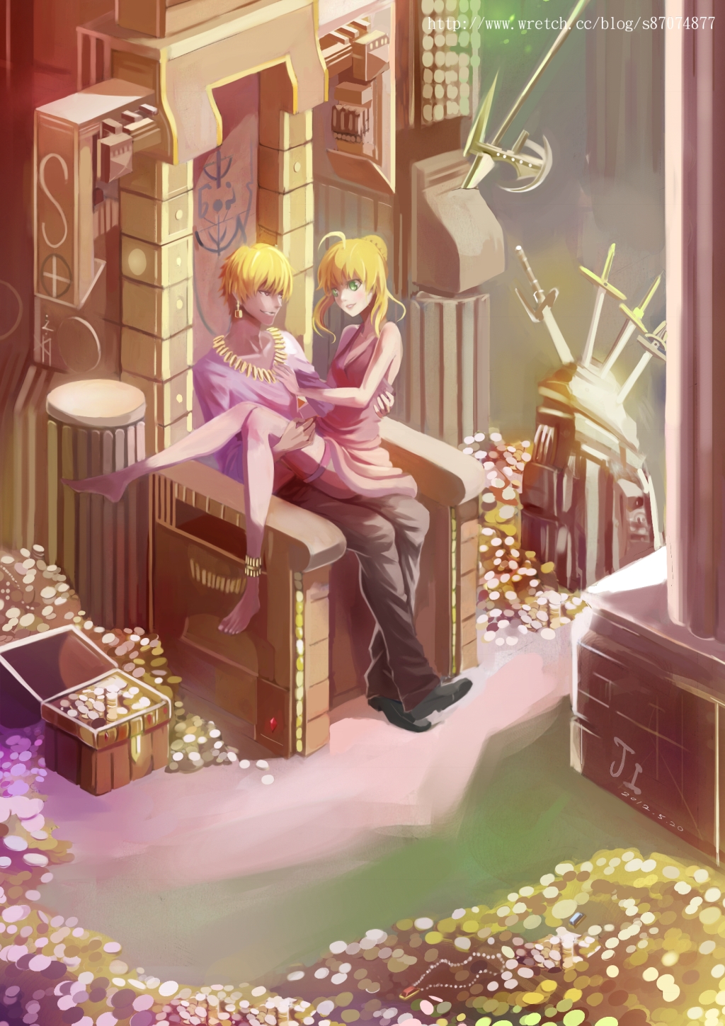1boy, 1girl, anklet, artoria_pendragon_(fate), axe, barefoot, blonde_hair, dada_pig