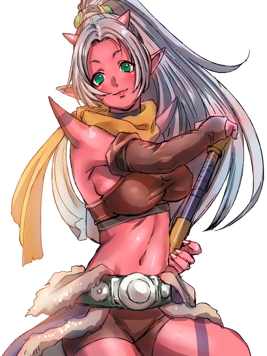 1girl, arm_strap, armpits, backlighting, bad_id, bad_pixiv_id, belt, bike_shorts, blue_skirt, blush, breasts, bridal_gauntlets, closed_mouth, club_(weapon), collar, colored_skin, cowboy_shot, demon_girl, dragon_quest, dragon_quest_x, female_focus, fingernails, fur_trim, green_eyes, grey_hair, hair_ornament, hand_on_hilt, high_ponytail, highres, holding, holding_weapon, horns, katou_teppei, large_breasts, light_smile, long_fingernails, long_hair, looking_at_viewer, maiyu_(dq10), midriff, navel, ogre_(dq10), pointy_ears, ponytail, red_skin, scarf, shirt, shorts, showgirl_skirt, sideboob, simple_background, sketch, skirt, smile, solo, spikes, sports_bra, square_enix, standing, tattoo, taut_clothes, taut_shirt, weapon, white_background, yellow_scarf