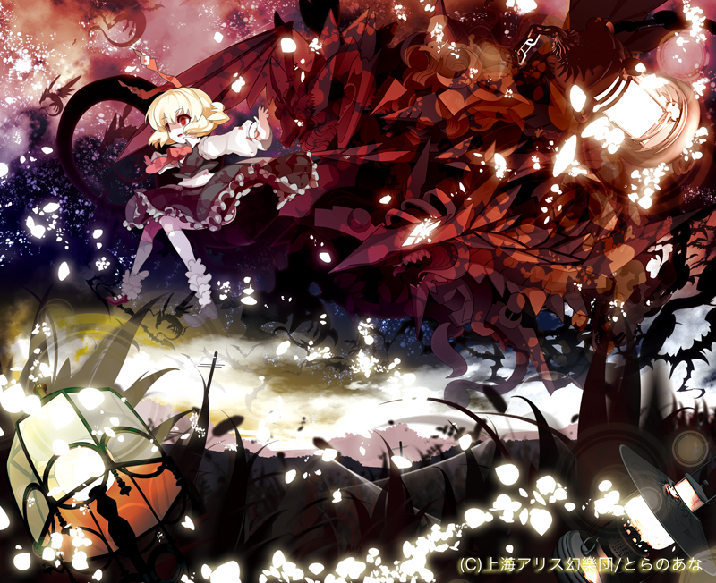 1girl, ascot, blonde_hair, dragon, female_focus, hair_ribbon, kneehighs, lamp