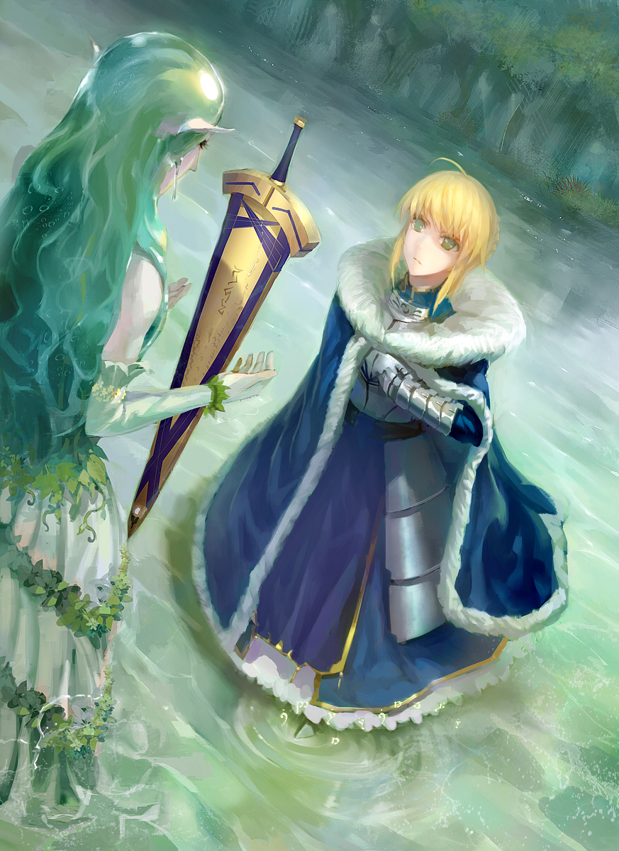 2girls, ahoge, armor, armored_dress, artoria_pendragon_(fate), avalon_(fate), bare_shoulders, blonde_hair