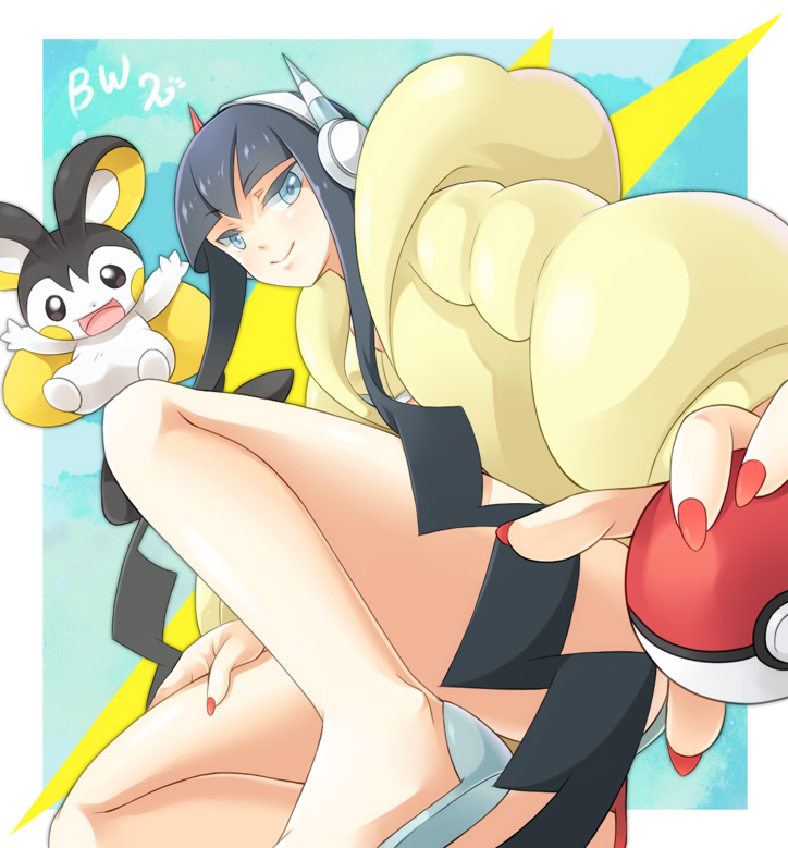 10s, 1girl, black_hair, blue_eyes, chiyo_(195815), coat, copyright_name, elesa_(pokemon), emolga, fur_coat, gen_5_pokemon, gym_leader, headphones, holding, holding_poke_ball, long_hair, nail_polish, nintendo, poke_ball, pokemon, pokemon_(creature), pokemon_black_2_and_white_2, smile