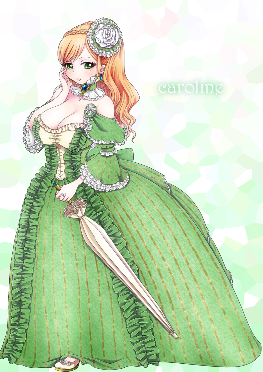 1girl, blush, braid, breasts, brooch, character_name, choker, cleavage, dress, earrings, english_text, flower, formal_clothes, green_eyes, high_heels, highres, huge_breasts, jewelry, long_hair, mole, open_mouth, orange_hair, original, ring, shoes, sinkaikiiro, smile, umbrella