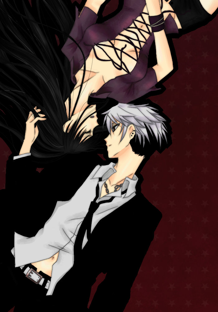 1boy, 1girl, belt, black_hair, breasts, brown_eyes, chain, closed_eyes