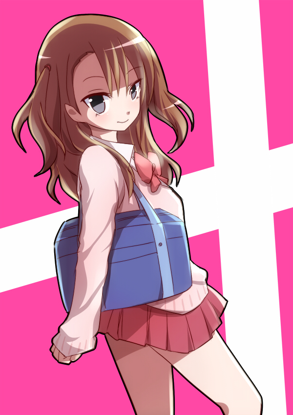 10s, 1girl, alternate_costume, bag, brown_hair, cardigan, female_focus, nobutake, nobutake_(nobu0), okahashi_hatsuse, ribbon, saki, saki_(manga), saki_achiga-hen, school_uniform, side_ponytail, solo
