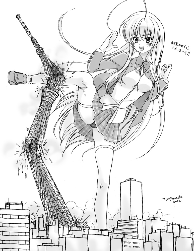 ahoge, building, city, destuction, giant, giantess, kicking, long_hair, monochrome, school_uniform, smile, thighhighs, tokyo_skytree, torajimaneko, tower