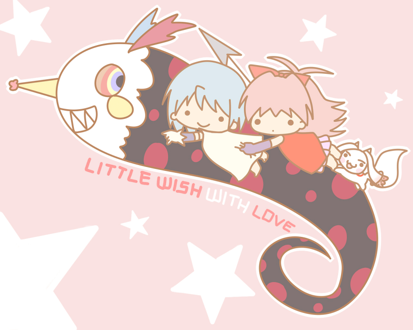 10s, 2girls, blue_hair, bow, cape, charlotte_(madoka_magica), chibi, english_text