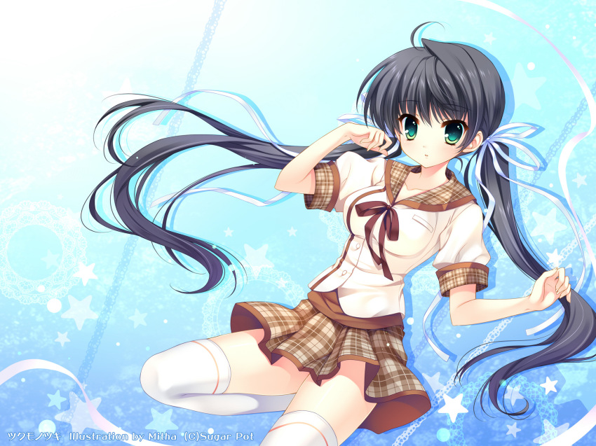 1girl, black_hair, green_eyes, hair_ribbon, highres, mitha, ribbon, school_uniform, thighhighs, tsukumonotsuki, twintails, washimi_yukina