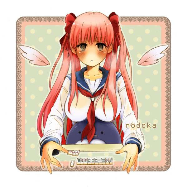 1girl, blush, board_game, breasts, etopen, haramura_nodoka, holding, holding_mahjong_tile, large_breasts, mahjong, mahjong_tile, mijyu, pink_hair, ribbon, saki_(manga), school, school_uniform, serafuku, twintails, wings