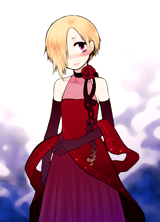 10s, 1girl, bad_id, bad_pixiv_id, bare_shoulders, blonde_hair, blush, bridal_gauntlets