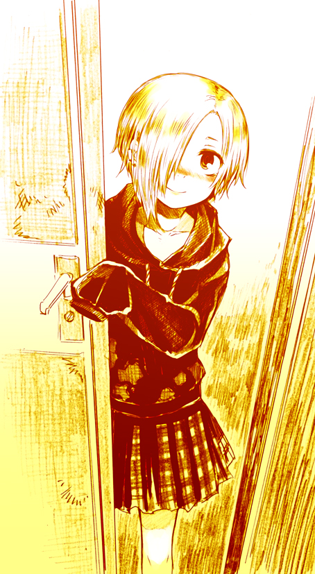 10s, 1girl, bad_id, bad_pixiv_id, female_focus, hair_over_one_eye, hood, hoodie