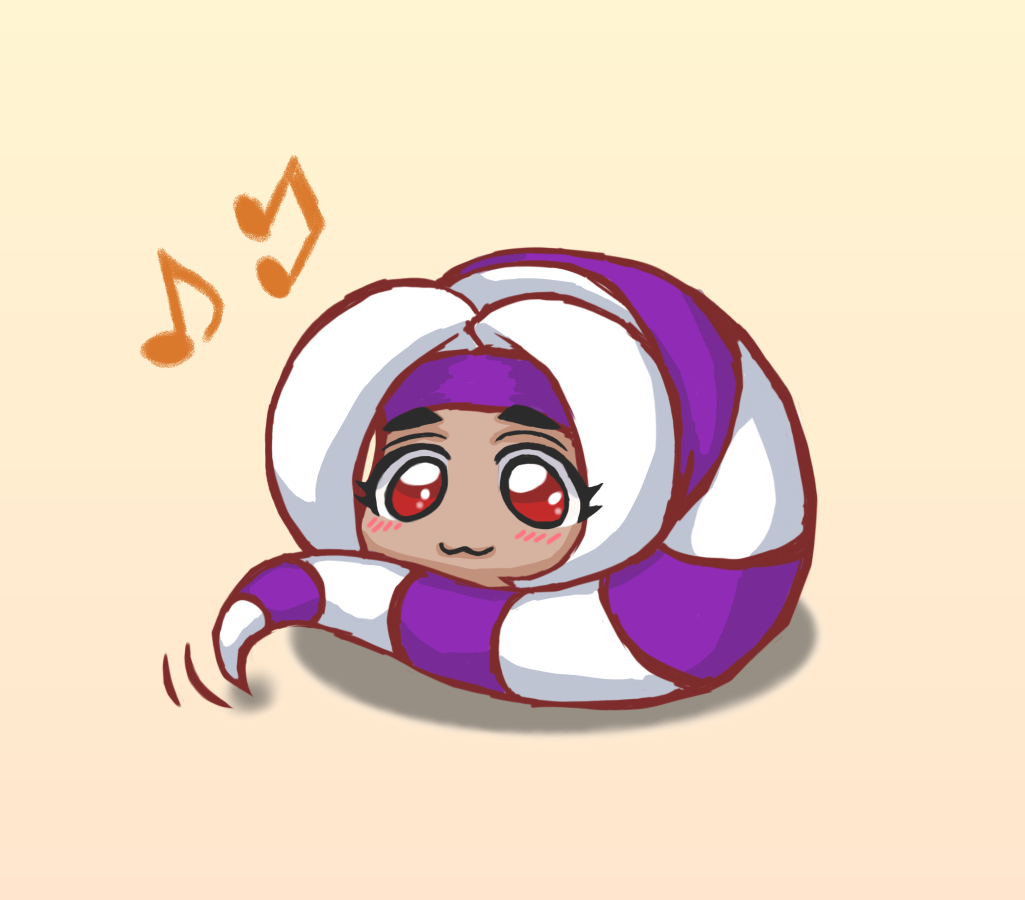 1girl, :3, blush, female_focus, foxy_(kof), headband, musical_note, parody, red_eyes, scrunchie, simple_background, snk, solo, symphysodon, the_king_of_fighters, touhou, yukkuri_shiteitte_ne