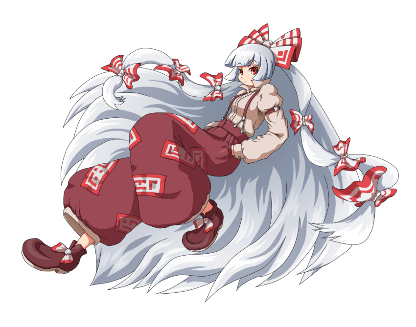 1girl, baggy_pants, female_focus, fujiwara_no_mokou, hair_ribbon, hands_in_pockets, highres, long_hair