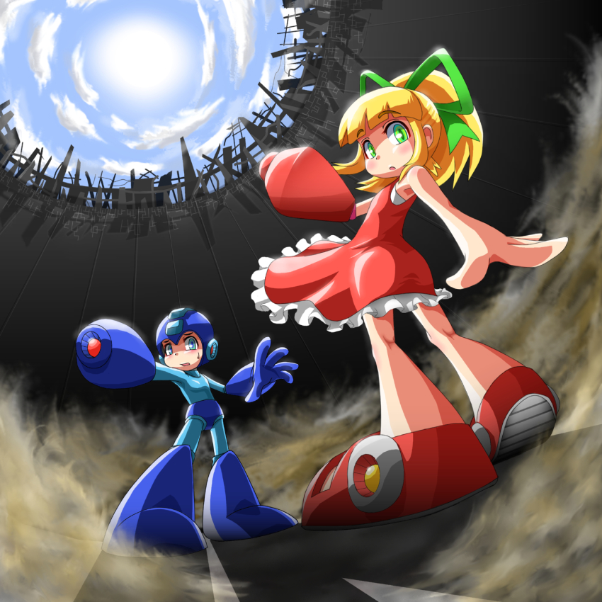 1boy, 1girl, android, arm_cannon, blonde_hair, blue_eyes, capcom, dress, frilled_dress, frills, green_eyes, hair_ribbon, helmet, highres, long_hair, red_skirt, ribbon, mega_man_(series), mega_man_(character), mega_man_(classic), roll_(mega_man), skirt, symphysodon, weapon